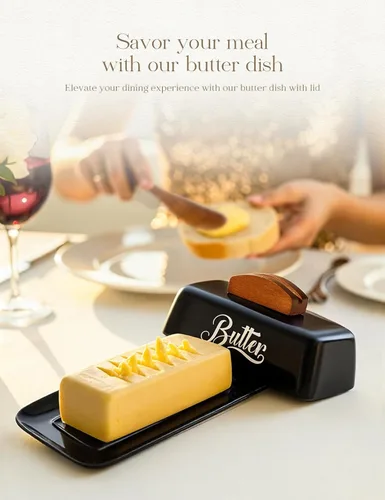 Vista 2 de Mantequillera negra con tapa y cuchillo, bandeja de mantequilla negra, soporte de mantequilla de cerámica para mostrador humanizado con mango
