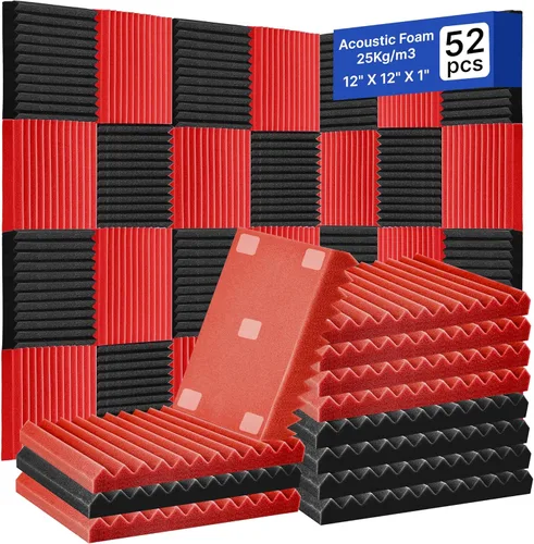 Vista 10 de Paquete de 52 paneles de espuma acústica de 1 x 12 x 12 pulgadas, paneles de pared de espuma acústica de absorción de sonido (negro/azul)