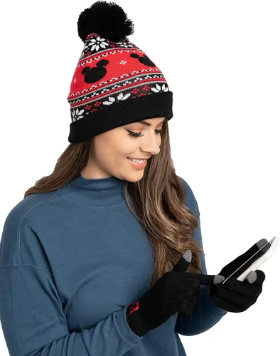 Vista 2 de Disney Adult Knit Beanie Hat and Texting Glove Set Mickey Minnie Mouse Print