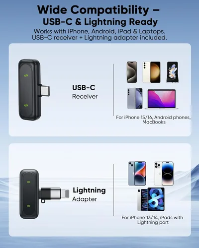 Vista 8 de Mini micrófono inalámbrico para iPhone – Mini micrófono de clip magnético con pantalla de batería 100%, reducción de ruido, Plug & Play, compatible