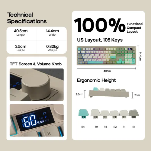 Vista 9 de EPOMAKER Aula S102 PRO Membrane Gaming Keyboard with TFT Screen, Volume Knob & Number Pad, BT/2.4G/USB, RGB Backlit, Creamy Silicone Structure, Grey