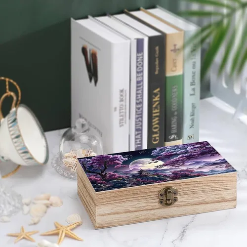 Vista 4 de Cherry Blossom Moon Wooden Storage Box with Hinged Lock,Decorative Handmade Keepsake Jewelry Chest, Elegant Retro Decor Boxes, Compact Organizer Box