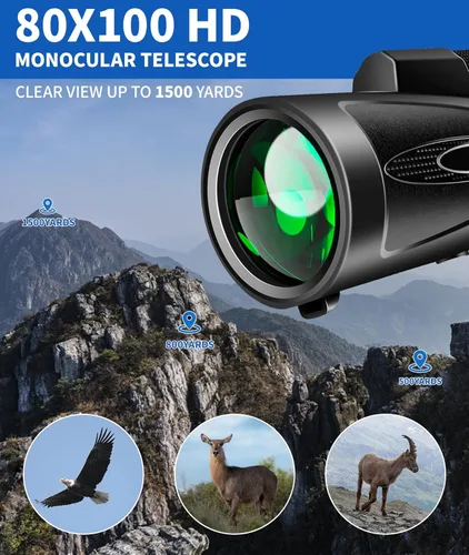 Vista 6 de Telescopio monocular de alta potencia de 80 x 100 con trípode adaptador para smartphone, monoculares de visión más grande para adultos con prisma
