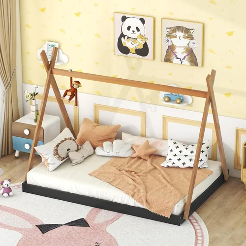 Vista 53 de SOFTSEA Cama de metal individual, plataforma de metal con tablillas, plataforma de cama con forma de triángulo doble para niños (negro)