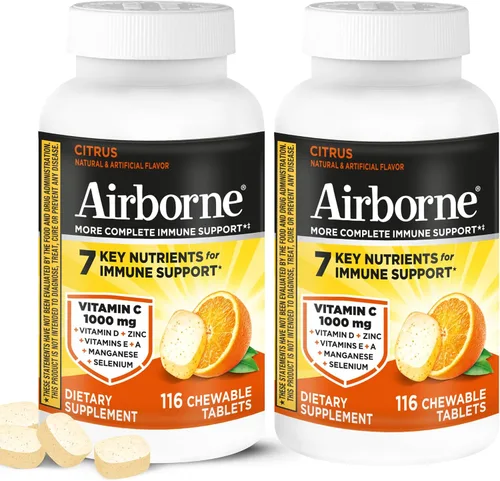 Airborne Suplemento de apoyo inmunológico de 1000 mg de vitamina C + zinc, tabletas masticables, sabor cítrico con potentes antioxidantes, vitaminas