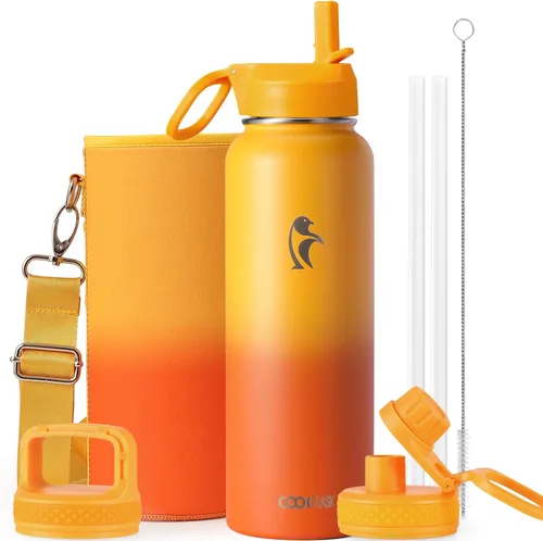 Vista 17 de Coolflask - Botella de agua de 64 onzas aislada, con popote y 3 tapas, de acero inoxidable con boca ancha, libre de BPA, mantiene las bebidas frías