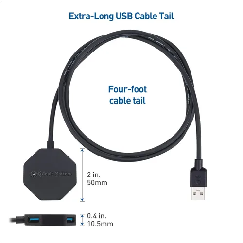 Vista 6 de Cable Matters Hub USB Ultra Mini de 4 puertos con cable de extensión largo de 4 pies, concentrador USB 3.0 con múltiples puertos para una velocidad