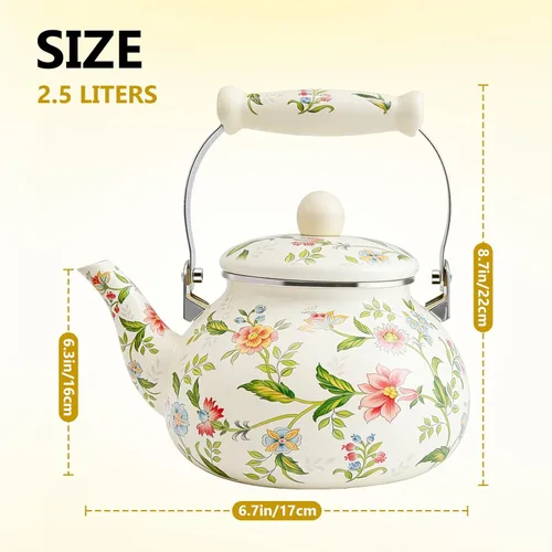 Vista 2 de Anxingo - Hervidor de té floral esmaltado, tetera de té para estufa, tetera grande de porcelana esmaltada 2.5L, diseño retro clásico