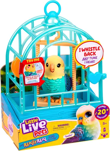 Little Live Pets Mi Pajarito Parlanchín Real y Juguetes con Jaula - Indie, Juguete Interactivo que Repite la Voz, Más de 20 Sonidos y Reacciones,