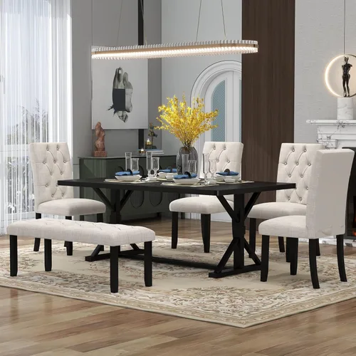 Vista 26 de Quarte Juego de mesa de comedor de 6 piezas estilo granja con 4 sillas tapizadas y banco, para restaurantes, apartamentos, muebles de sala de estar