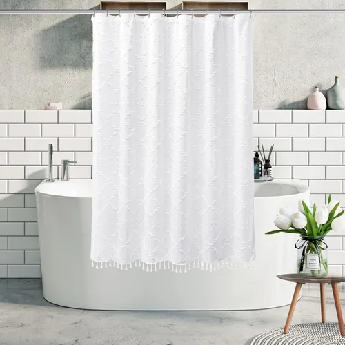 Vista 21 de Siiluminisoy - Cortina de ducha pequeña estilo boho para cubículo, de tela tejida con borla blanca, 36 x 72 pulgadas, tamaño medio, con diseño