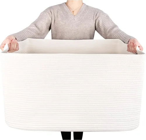 Vista 9 de MINTWOOD Design Canasta de manta extra grande de 22 pulgadas para sala de estar, canasta de almacenamiento tejida de cuerda rectangular con asas