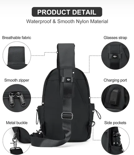 Vista 5 de Black Sling Bag for Men Women, Mini Anti Theft One Strap Motorcycle Sling Backpack, Small Sling Chest Bag Daypack Crossbody Backpack for Casual