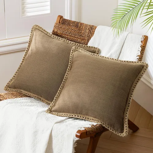 Phantoscope - Paquete de 2 fundas de almohada decorativas estilo campestre, de tela arpillera y bordes ribeteados de lino, color café, 20 x 20