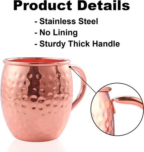 Vista 4 de Moscow Mule - Juego de 4 tazas de cobre para beber, 16 onzas, aptas para alimentos, 100% hechas a mano, de acero inoxidable martillado