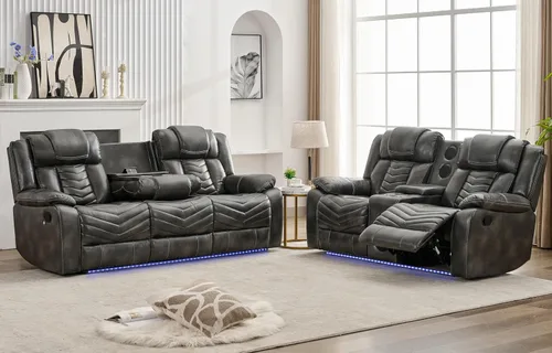 Vista 10 de Juego de sofá reclinable manual con cargador inalámbrico para sala de estar, sofá reclinable de cuero de 3 plazas y sofá biplaza con altavoces