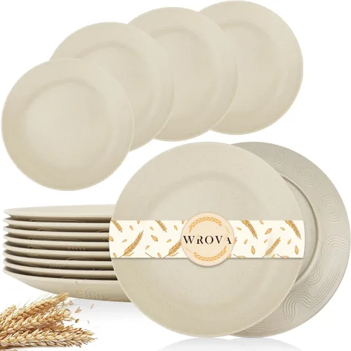 Wrova Juego de 8 Platos de Cena de Paja de Trigo Irrompibles de 9 Pulgadas - Platos de Plástico Aptos para Lavavajillas y Microondas Reutilizables -