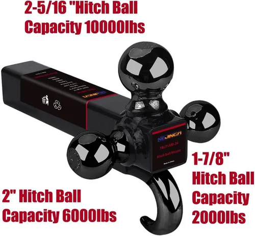 Vista 3 de NBJINGYI - Enganche de remolque de 2" con montaje de 3 bolas y gancho, bolas 1-7/8", 2", 2-5/16" y gancho, color negro plateado