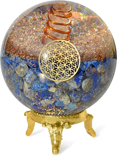 Vista 10 de Orgonite Crystal Bola de cristal azul aguamarina con soporte para energía positiva, equilibrio de chakras, con símbolo de flor de la vida