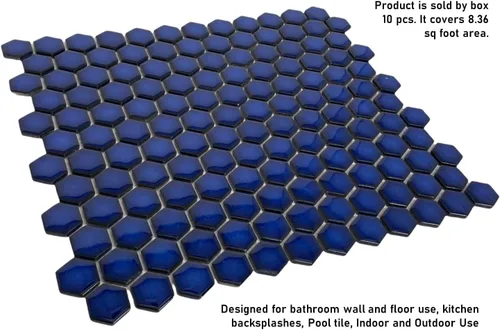 Vista 4 de Tenedos Azulejo de mosaico de porcelana hexagonal azul cobalto de 1 pulgada con acabado brillante, caja de 5 hojas para cocina, salpicadero, baño