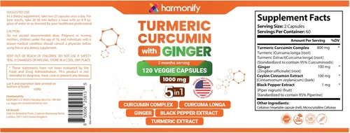Vista 9 de Suplemento de curcumina de cúrcuma con jengibre, canela de Ceilán y pimienta negra Complejo 5 en 1 Fórmula 5 en 1, Curcuma Longa, absorción máxima