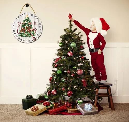 Vista 5 de Calendario de Adviento de Navidad, calendario de cuenta regresiva, decoración redonda de madera, letrero de árbol de Navidad, decoración de casa