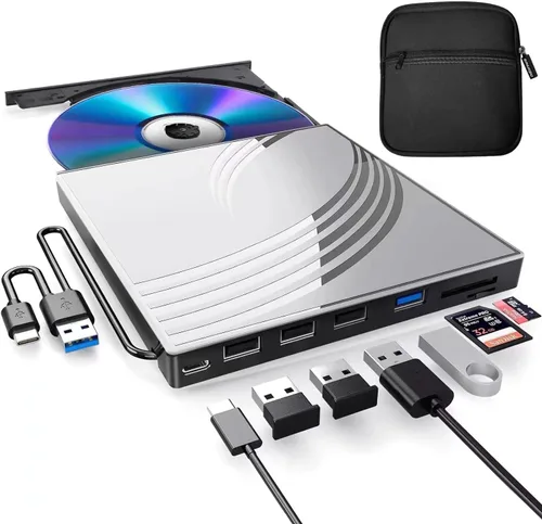 Vista 8 de BPAKDU - Unidad externa de CD/DVD para laptop, grabadora de CD ultra delgada, concentrador USB 3.0 con 4 puertos USB, 2 ranuras para tarjetas TF/SD