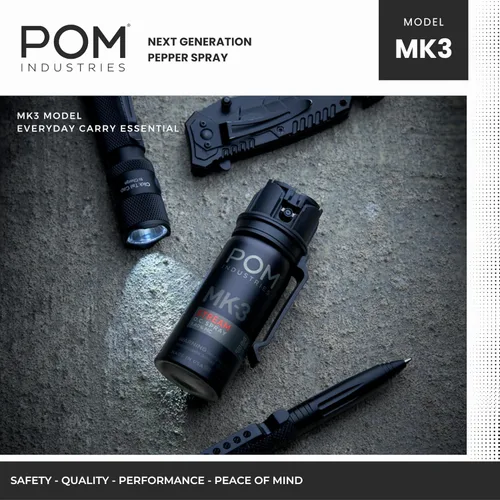 Vista 5 de POM MK3 Pepper Spray, Belt Clip Model, Maximum Police Strength OC with UV Marking Dye, Quick Flip Top Safety, 360° Performance at Any Angle