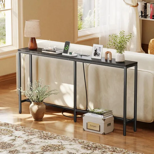 Vista 2 de SUPERJARE Mesa consola con tomacorriente, mesa de sofá de 63 pulgadas con estación de carga, mesa de entrada estrecha, mesa de pasillo delgada, mesa