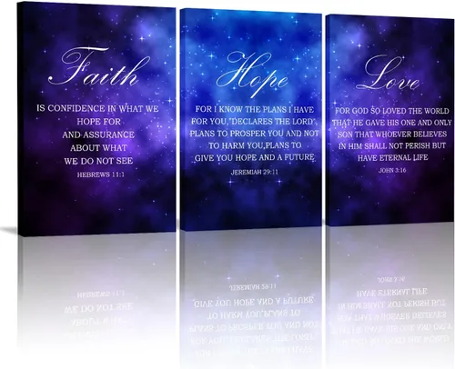 Arte de pared inspirador con versículo bíblico cristiano, 3 paneles, galaxia, cielo, fe, esperanza y amor, oración de serenidad, escritura