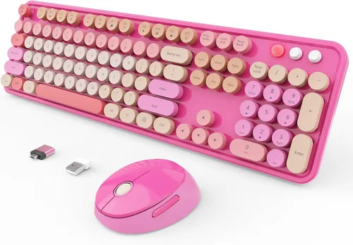 Vista 15 de Combo de teclado y mouse inalámbricos, teclado ergonómico de tamaño completo con diseño retro tipo máquina de escribir, con teclas redondas, Blanco