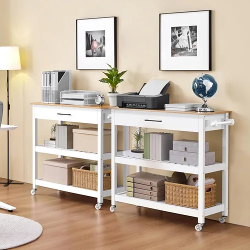 Vista 4 de Yaheetech Carrito de isla de cocina con ruedas con mesa de bambú, carrito de microondas de 3 niveles con cajón para isla de cocina, toalla