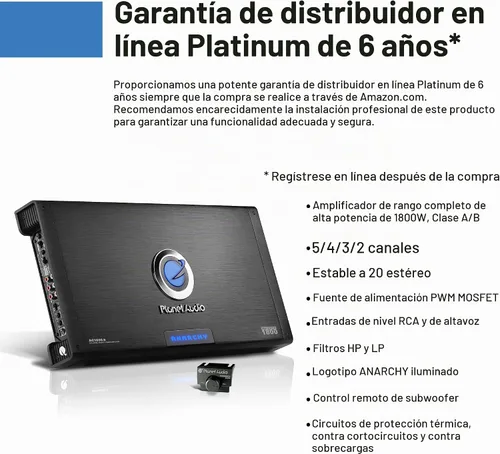 Vista 3 de Planet Audio ANARCHY amplificador estable de 5 ohmios, rango completo de 1800 W, clase A/B, de 2 canales