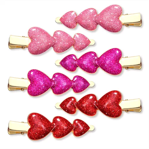 Pinzas para el cabello para el día de San Valentín con purpurina en forma de corazón de cocodrilo, clip de metal con diamantes de imitación, esmalte