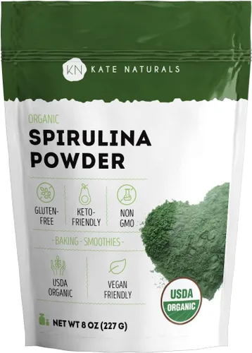 Kate Naturals Polvo de espirulina orgánica para apoyo inmunológico y antioxidantes. Suplemento superalimento denso en nutrientes (8 onzas,