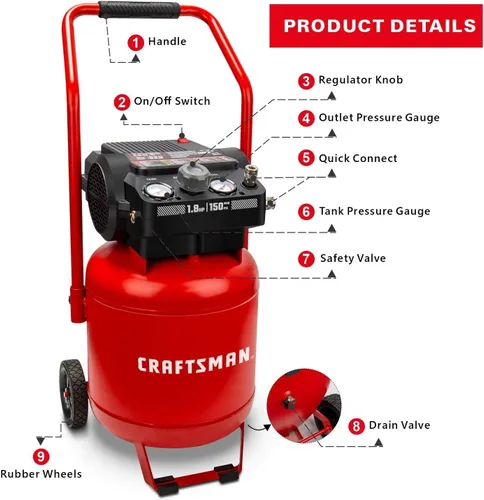 Vista 4 de CRAFTSMAN Compresor de aire de 10 galones, pico de 1.8 HP, presión máxima de 150 PSI, compresor de aire portátil sin aceite con rueda, compresor