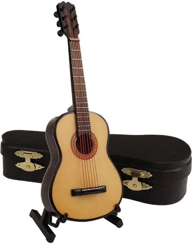 Vista 9 de Modelo de guitarra de madera en miniatura, mini adornos musicales artesanales con soporte y estuche, réplica pequeña, decoración coleccionable