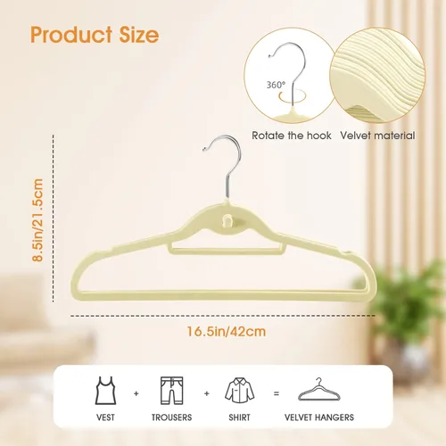 Vista 3 de Perchas de terciopelo para ropa, delgadas, apilables, antideslizantes, color beige, para ahorrar espacio, perchas resistentes para adultos