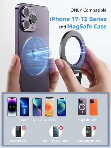 Vista 6 de SUPERONE Soporte para teléfono MagSafe con correa para el dedo, soporte de anillo magnético extraíble con lazo para el dedo de pie, accesorios Negro