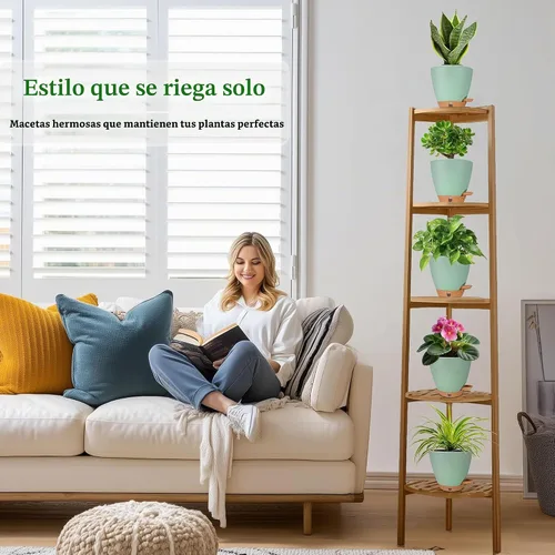 Vista 3 de Paquete de 5 macetas de riego automático de 6 pulgadas para plantas de interior, macetas pequeñas de plástico con indicador de nivel de agua