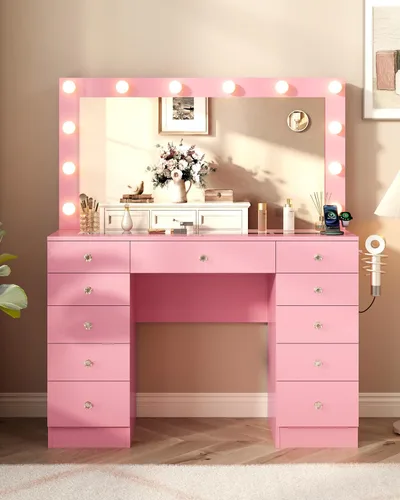Vista 7 de Otterease Tocador de maquillaje rosa, 11 cajones con espejo y 12 luces LED, escritorio de maquillaje con 3 modos de iluminación de brillo ajustable