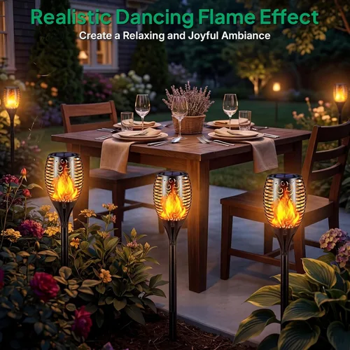 Vista 2 de TomCare Luces solares para exteriores, luces solares de llama parpadeante, impermeables, iluminación al aire libre, luces de camino, decoraciones