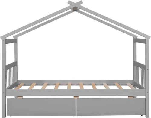 Vista 7 de Merax Cama de madera de tamaño individual con dos cajones, marco de cama de madera con techo para niños, adolescentes, niños o niñas, gris
