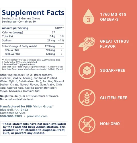 Vista 2 de Gomitas masticables Omega 3 – 90 masticables de gel, suministro para 30 días, sabor cítrico, 1760 mg rTG ultra puro Omega 3 para la salud