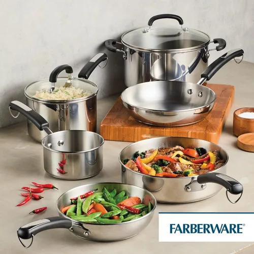 Vista 8 de Farberware Brilliance - Juego de ollas y sartenes de acero inoxidable con herramientas de cocina y tapas de vidrio, 10 piezas, apto