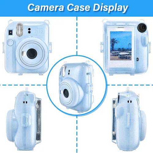 Vista 2 de Fuji Mini 12 - Funda rígida de policarbonato transparente para cámara instantánea Instax Mini 12 con calcomanías y soporte para almacenamiento