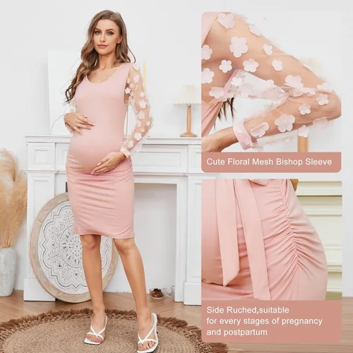 Vista 5 de Vestido midi de maternidad de manga larga bishop con malla floral, vestido ajustado de maternidad de otoño para baby shower