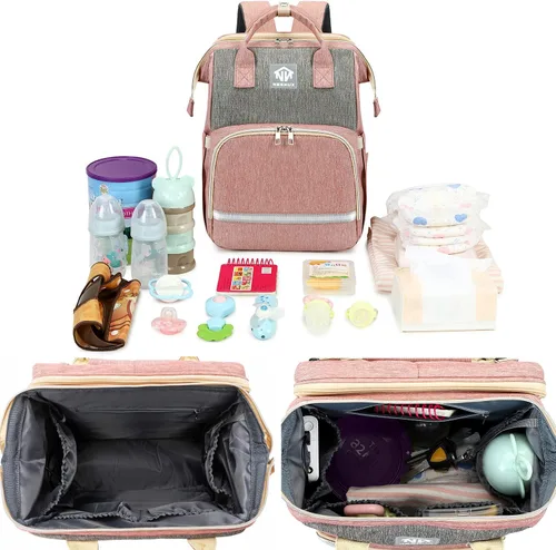 Vista 3 de NEENUX Bolsa de pañales con cambiador - Mochila 3 en 1 para pañales, bolsas de bebé para niñas y niños, bolsa de mamá, Rosa-gris, Mochilas de viaje