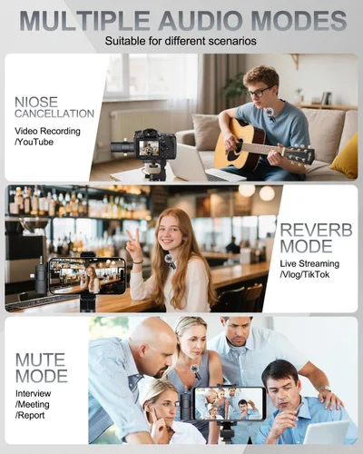 Vista 6 de PQRQP Micrófono Lavalier inalámbrico profesional 3 en 1 para iPhone, Android, cámara, micrófonos inalámbricos, mini micrófono, calidad de sonido