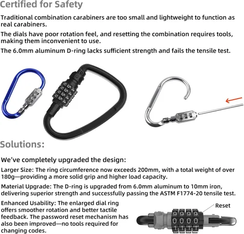 Vista 6 de Locking Carabiner Heavy Duty, Large Carabiner Clip with Combination Lock, 4 inch 25KN Metal D Ring Carbiner, Oval Caribiner, Triangle Caribeaner
